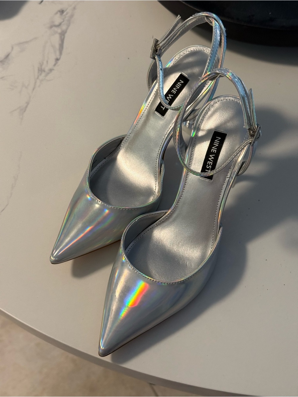 Nine West Iridescent Silver Pointed-Toe Slingback Heels - Picture 2 of 6